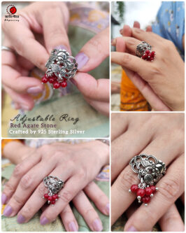 925 Sterling Silver Adjustable Ring with Dangling Red Sintered Stone - Image 2