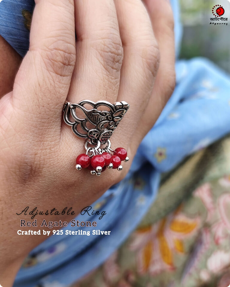 925 Sterling Silver Adjustable Ring with Dangling Red Sintered Stone - Image 4