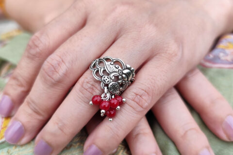 925 Sterling Silver Adjustable Ring with Dangling Red Sintered Stone