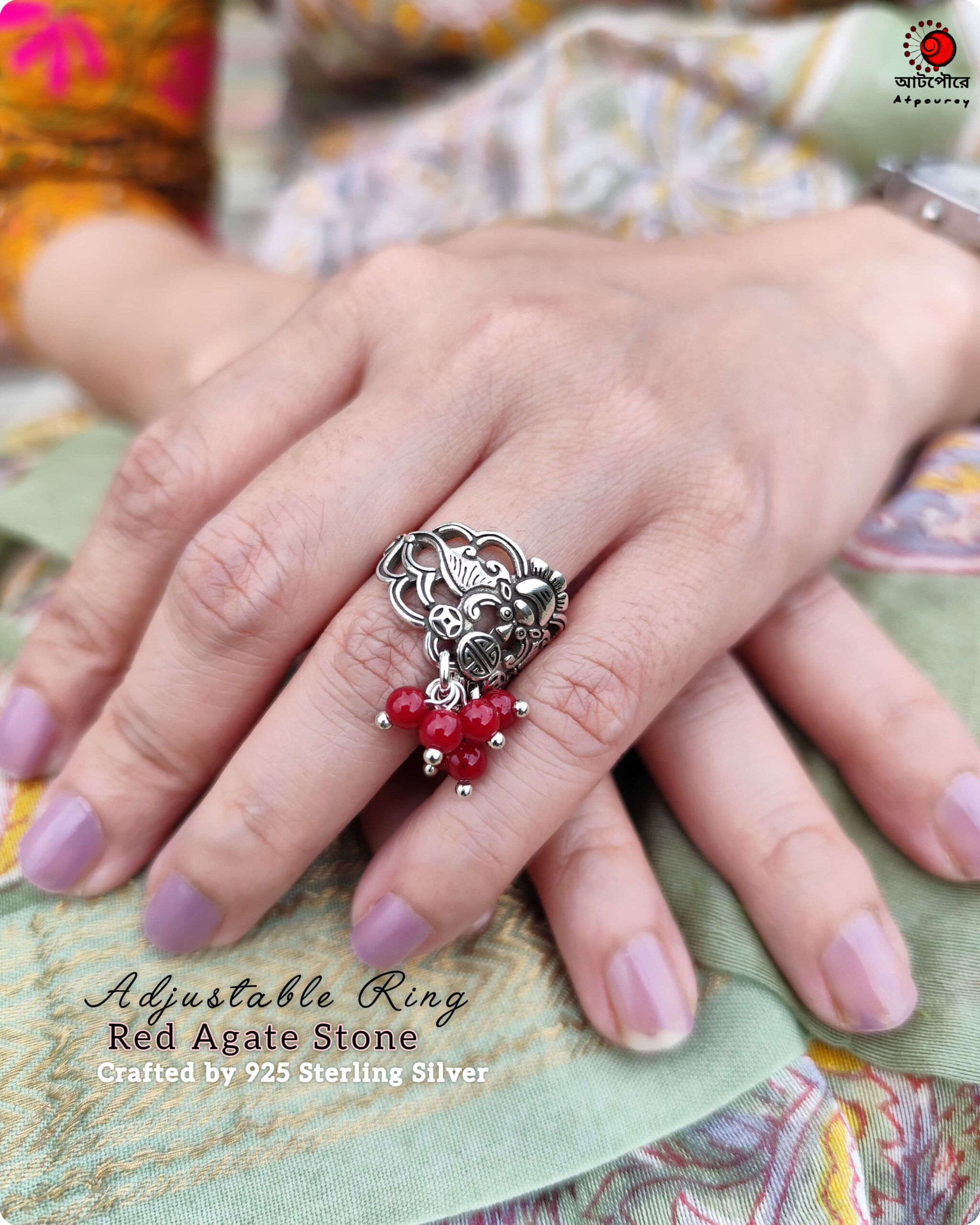 InShot_20250916_210831636 925 Sterling Silver Adjustable Ring with Dangling Red Sintered Stone - Image 1