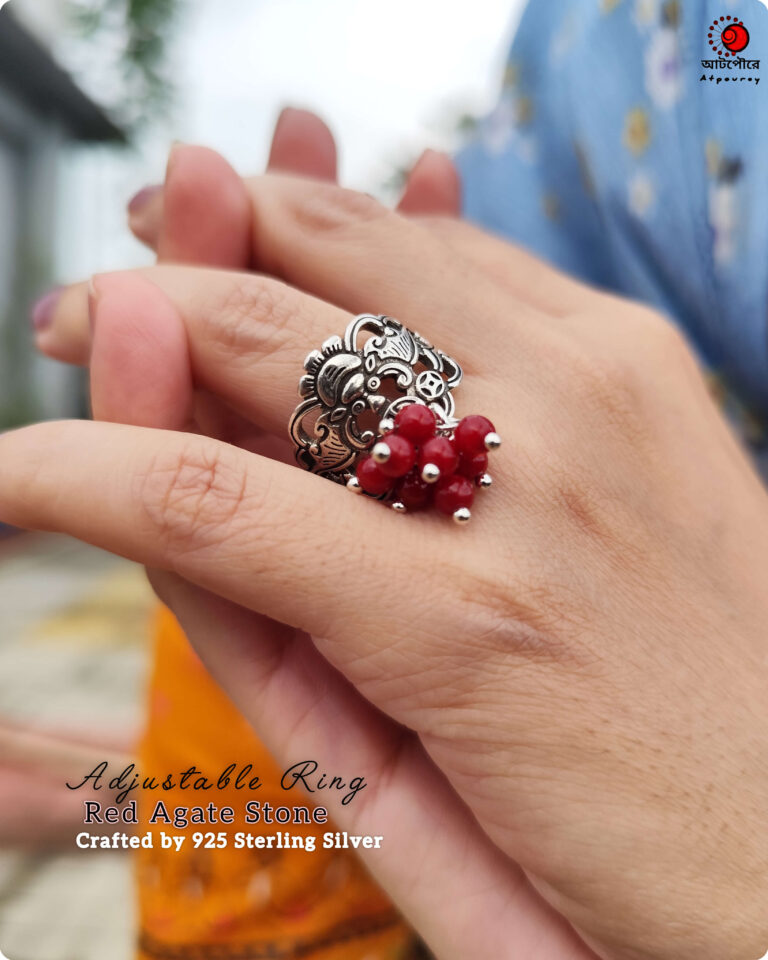 925 Sterling Silver Adjustable Ring with Dangling Red Sintered Stone - Image 3