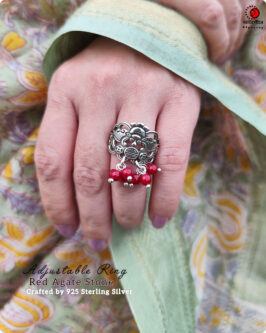 925 Sterling Silver Adjustable Ring with Dangling Red Sintered Stone - Image 6